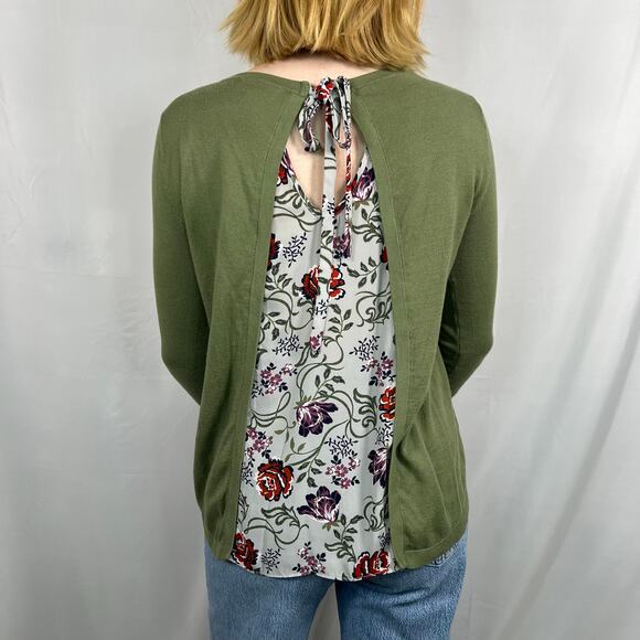 Loft Outlet Green 3/4 Sleeve Blouse with Floral Panel and Tie in Back Size XSP - Picture 3 of 8